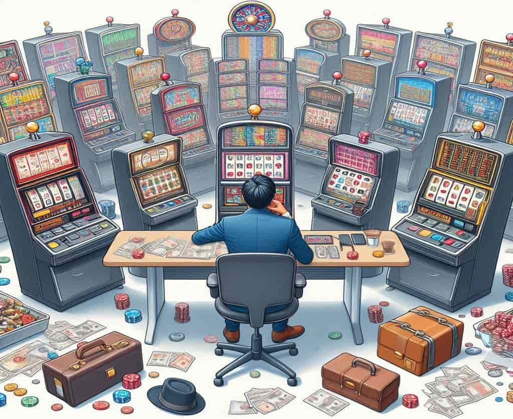 an illustration of a man looking at many types of slot machines
